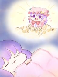 Rule 34 | 1girl, ajitsuki, blanket, chibi, commentary request, doughnut, dreaming, food, hat, heart, mob cap, outstretched arms, partially submerged, patchouli knowledge, purple eyes, purple hair, sleeping, smile, tears, too many, touhou