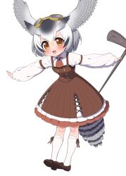 Rule 34 | belt, bird girl, bird tail, bird wings, blonde hair, blush, brown dress, brown footwear, brown necktie, collared shirt, corset, dress, frilled dress, frills, full body, goggles, goggles on head, grey hair, hair between eyes, head wings, highres, kemono friends, kemono friends 3, loafers, looking at viewer, multicolored hair, necktie, northern white-faced owl (kemono friends), official alternate costume, open mouth, orange eyes, outstretched arms, owl ears, owl girl, pickaxe, puffy sleeves, ransusan, shirt, shoes, short hair, smile, socks, suspenders, tail, white hair, white shirt, white socks, wings