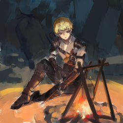 Rule 34 | 1boy, armor, belt, blonde hair, brown eyes, brown footwear, burning, campfire, camping, chinese commentary, commentary request, cooking, dada4329, dark, derrick berg, fire, gauntlets, highres, looking at object, lord of the mysteries, night, on ground, pauldrons, pot, shaded face, shirt, short hair, shoulder armor, sitting, solo, stone, white shirt