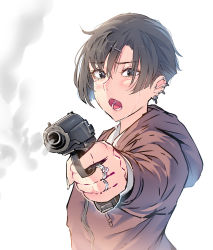 Rule 34 | 1girl, black hair, brown eyes, crying, crying with eyes open, daito, ear piercing, earrings, gun, hair ornament, hairclip, highres, holding, holding gun, holding weapon, hood, hoodie, jewelry, looking at viewer, lower teeth only, open mouth, original, piercing, short hair, smoke, smoking gun, solo, tears, teeth, weapon, white background