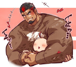 Rule 34 | 1boy, 1other, ahoge, artist self-insert, bara, blush, brown eyes, cropped torso, dark-skinned male, dark skin, facial hair, flexing, goatee, grin, heart, highres, kizami nori to yamaimo, large hands, large pectorals, laughing, live a hero, male focus, mature male, multicolored hair, muscular, muscular male, no mask, pectorals, polaris mask (live a hero), smile, streaked hair, sweater, thick arms