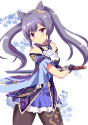 Rule 34 | 1girl, bare shoulders, blue skirt, blue sleeves, brown pantyhose, closed mouth, commentary request, cone hair bun, detached sleeves, diamond-shaped pupils, diamond (shape), flower, frilled skirt, frills, genshin impact, gloves, hair bun, head tilt, holding, holding sword, holding weapon, keqing (genshin impact), long hair, looking at viewer, neu (frameice), pantyhose, pleated skirt, purple eyes, purple gloves, purple hair, short sleeves, simple background, skirt, solo, standing, sword, symbol-shaped pupils, twintails, very long hair, weapon, white background, white flower, wide sleeves