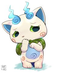 Rule 34 | blush, facing viewer, green eyes, highres, kmart0614, komasan, looking to the side, no humans, signature, simple background, solo, white background, youkai watch