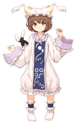 Rule 34 | 1girl, animal ears, brown eyes, brown hair, cat ears, cat tail, chen, cosplay, hat, highres, long sleeves, looking at viewer, multiple tails, shone, short hair, simple background, smile, solo, tail, touhou, two tails, white background, yakumo ran, yakumo ran (cosplay)