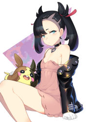 Rule 34 | 1girl, arm support, bare shoulders, black choker, black hair, black jacket, blue eyes, blush, choker, commentary request, creatures (company), dress, feet out of frame, flat chest, game freak, gen 8 pokemon, hair ribbon, highres, jacket, long hair, long sleeves, looking at viewer, marnie (pokemon), morpeko, morpeko (full), nintendo, off shoulder, open clothes, open jacket, pink dress, pointy hair, pokemon, pokemon (creature), pokemon swsh, red ribbon, ribbon, short dress, simple background, sitting, spaghetti strap, strap slip, taketora suzume, thighs, twintails, white background