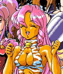 Rule 34 | 3girls, animal ears, animal print, bell, breasts, cape, cat ears, cat girl, choker, cleavage, cleavage cutout, closed eyes, clothing cutout, dark skin, dragon pink, jingle bell, large breasts, leotard, looking at viewer, lowres, multiple girls, open mouth, pierce (dragon pink), pink (dragon pink), pink hair, pointy ears, ponytail, print leotard, purple cape, purple hair, smile, standing, teeth, upper body, white leotard