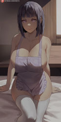 Rule 34 | 1girl, apron, artist name, bare shoulders, black hair, blunt bangs, bob cut, boruto: naruto next generations, breasts, cleavage, closed mouth, collarbone, highres, huge breasts, hyuuga hinata, jewelry, large breasts, purple eyes, looking at viewer, mature female, naked apron, naruto (series), no pupils, patreon username, pupiless eyes, purple apron, purple eyes, ring, shexyo, short hair, sitting, smile, solo, thick thighs, thighhighs, thighs, white thighhighs, wide hips