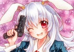 Rule 34 | 1girl, animal ears, bad id, bad pixiv id, blazer, finger on trigger, gun, holding, holding gun, holding weapon, jacket, light purple hair, long hair, necktie, one eye closed, open mouth, painting (medium), purple hair, qqqrinkappp, rabbit ears, red eyes, red necktie, reisen udongein inaba, signature, solo, touhou, traditional media, very long hair, watercolor (medium), weapon