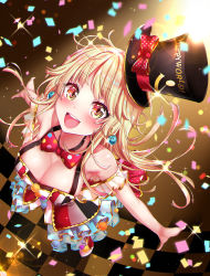 Rule 34 | 1girl, :d, bang dream!, bare shoulders, blonde hair, blush, bow, bowtie, breasts, checkered floor, cleavage, confetti, earrings, frilled skirt, frills, from above, hat, hat bow, highres, jewelry, kamita, long hair, looking at viewer, medium breasts, open mouth, outstretched arms, planet earrings, polka dot, polka dot bow, polka dot neckwear, sidelocks, skirt, sleeveless, smile, solo, spread arms, top hat, tsurumaki kokoro, yellow eyes