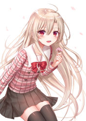 Rule 34 | 1girl, :d, ahoge, bad id, bad pixiv id, blush, bow, brown skirt, brown thighhighs, collarbone, collared shirt, commentary request, fate/kaleid liner prisma illya, fate (series), flower, hair between eyes, highres, holding, holding flower, illyasviel von einzbern, leaning forward, light brown hair, long hair, long sleeves, looking at viewer, open mouth, petals, pink flower, plaid, plaid shirt, pleated skirt, red bow, red eyes, red shirt, seungju lee, shirt, simple background, skirt, smile, solo, thighhighs, very long hair, white background
