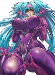 Rule 34 | 1girl, blue hair, bodysuit, breast hold, breasts, covered navel, covered erect nipples, green eyes, headband, impossible bodysuit, impossible clothes, klan klein, large breasts, looking down, macross, macross frontier, pipipi, pout, skin tight, solo