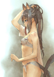 Rule 34 | 1girl, adjusting hair, animal ears, arm up, black hair, blouse, bow, bow bra, bow panties, bra, branch (blackrabbits), brown hair, cat ears, cat girl, cat tail, dressing, extra ears, from side, grey eyes, hand in own hair, k-on!, lingerie, long hair, mouth hold, nakano azusa, panties, plaid, plaid panties, profile, ribbon, shirt, solo, tail, underwear, underwear only