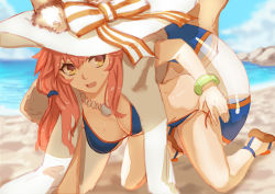 Rule 34 | 10s, 1girl, all fours, animal ears, bangle, bikini, blue bikini, blush, bracelet, breasts, cleavage, collarbone, ears through headwear, fate/extra, fate/grand order, fate (series), fox ears, fox tail, hat, jewelry, large breasts, looking at viewer, nature, necklace, ocean, open mouth, pink hair, solo, swimsuit, tail, tamamo (fate), tamamo no mae (fate/extra), tamamo no mae (swimsuit lancer) (fate), tamamo no mae (swimsuit lancer) (third ascension) (fate), type-moon, wardrobe malfunction, white hat, whitem (whiteemperor2020), yellow eyes