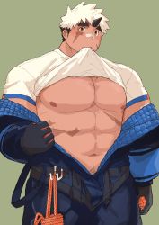 Rule 34 | 1boy, abs, akiha gongen (housamo), bandaid, bandaid on face, bandaid on nose, bara, bare pectorals, beckoning, bulge, clothes lift, dark-skinned male, dark skin, haishiba ame, highres, horns, jacket, large pectorals, long sideburns, looking at viewer, male focus, mouth hold, multicolored hair, muscular, muscular male, navel, navel hair, nipples, open clothes, open jacket, pectorals, scar, scar on stomach, shirt lift, short hair, sideburns, single horn, solo, stomach, thick eyebrows, tokyo houkago summoners, two-tone hair, white hair