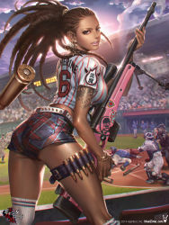 Rule 34 | 1girl, absurdres, ai arctic warfare, ass, baseball stadium, baseball uniform, belt, blood, blue eyes, bolt action, bracelet, breasts, brown hair, bullet, character name, chromatic aberration, commentary, copyright request, dark skin, dark-skinned female, death, dong-wook shin, earrings, eyebrow piercing, eyebrows, eyelashes, forehead, from behind, gun, dreadlocks, highres, jewelry, large breasts, lips, lipstick, long hair, looking at viewer, looking back, makeup, mole, over-kneehighs, piercing, realistic, rifle, shell casing, shorts, smoke, smoking gun, sniper rifle, solo, sportswear, striped, studded belt, tattoo, thigh strap, thighhighs, vertical stripes, very dark skin, weapon