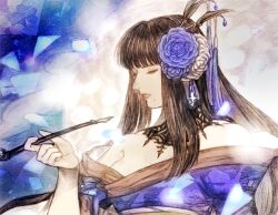 Rule 34 | 1girl, abstract background, alternate color, bare shoulders, black collar, black hair, blue kimono, blunt bangs, closed eyes, collar, collarbone, commentary request, earrings, final fantasy, final fantasy xiv, flower, from side, glint, hair flower, hair ornament, hair stick, hand up, hatching (texture), holding, holding smoking pipe, hyur, japanese clothes, jewelry, kimono, kiseru, lace collar, long hair, maeka (kumaekake), mole, mole under mouth, obi, off shoulder, parted lips, purple flower, purple rose, rose, sash, smoking pipe, solo, straight hair, tassel, upper body, yotsuyu goe brutus