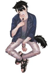 Rule 34 | 1boy, adjusting clothes, animal ears, black footwear, black hair, blue jacket, bracelet, crew neck, dog tags, full body, grey shirt, hair between eyes, highres, holostars, hot, invisible chair, jackal boy, jackal ears, jackal tail, jacket, jewelry, kageyama shien, leaf print, male focus, momiage 40, multicolored hair, official alternate costume, one eye closed, pants, sandals, sharp toenails, shirt, short hair, sideways glance, simple background, sitting, sleeves past elbows, solo, sweat, tail, toenails, tongue, tongue out, torn clothes, torn pants, two-tone hair, v-shaped eyebrows, virtual youtuber, white background, white hair, white pants, yellow eyes