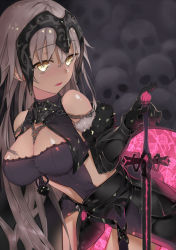 Rule 34 | 1girl, armor, armored dress, bad id, bad pixiv id, between breasts, black gloves, blonde hair, breasts, chain, cleavage, fate/grand order, fate (series), floral print, gloves, headpiece, jeanne d&#039;arc (fate), jeanne d&#039;arc alter (avenger) (fate), jeanne d&#039;arc alter (avenger) (third ascension) (fate), jeanne d&#039;arc alter (fate), large breasts, leaning forward, long hair, looking at viewer, parted lips, ribo, sheath, skull, solo, sword, very long hair, weapon, yellow eyes