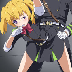 Rule 34 | 10s, 1boy, 1girl, belt, bent over, biting, black skirt, blonde hair, clothed sex, doggystyle, finger biting, gloves, hand on another&#039;s hip, hetero, military, military uniform, owari no seraph, pleated skirt, purple eyes, ribbon, sanguu mitsuba, sex, sex from behind, skirt, sleeves rolled up, solo focus, twintails, uneven eyes, uniform, white gloves, yoshida keiji