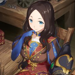 Rule 34 | 1girl, absurdres, blue eyes, blue gloves, blush, bolt, book, book stack, breasts, brown hair, brown jacket, chair, closed mouth, colorful, desk, elbow gloves, fate/grand order, fate (series), finger to own chin, gloves, highres, jacket, jonsun, large breasts, leonardo da vinci (fate), long hair, on chair, puffy short sleeves, puffy sleeves, short sleeves, sitting, smile, solo