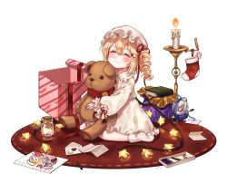 Rule 34 | 1girl, alternate hairstyle, blonde hair, blush, book, box, candle, child&#039;s drawing, closed eyes, crayon, drill hair, fire, flandre scarlet, food, gift, gift box, hat, highres, jar, mob cap, pajamas, pocket watch, red ribbon, ribbon, shan, simple background, sitting, smile, snow globe, socks, solo, star (symbol), stuffed animal, stuffed toy, teddy bear, touhou, watch, white background, white hat, white socks, wings