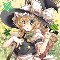 Rule 34 | 1girl, bad id, bad pixiv id, blonde hair, blush, bow, broom, buttons, colorized, face, female focus, frills, gotou nao, green eyes, hat, hat bow, highres, kirisame marisa, long hair, smile, solo, star (symbol), tepes, touhou