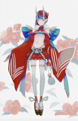 Rule 34 | 1girl, alternate costume, back bow, blue hair, blunt bangs, bow, camellia, closed mouth, commentary, detached sleeves, eyeshadow, fate/grand order, fate (series), flat chest, floral background, flower, full body, fur trim, geta, gloves, half gloves, halterneck, hat, hat bow, horns, japanese clothes, kinchaku, long sleeves, looking at viewer, lousun, makeup, midriff, navel, oni, platform clogs, pointy ears, pouch, red eyeshadow, red gloves, red skirt, short hair, shuten douji (fate), skin-covered horns, skirt, smile, solo, thighhighs, white thighhighs, wide sleeves