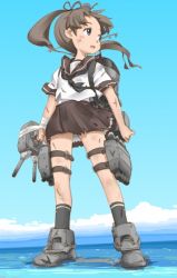 Rule 34 | 10s, 1girl, arms at sides, asymmetrical hair, ayanami (kancolle), backpack, bag, bandaged arm, bandages, black ribbon, black socks, blouse, blue eyes, blue sky, blush stickers, brown hair, brown skirt, bruise, cannon, cloud, day, floating hair, full body, hair ornament, hair ribbon, injury, kantai collection, kneehighs, kneeling, long hair, looking away, looking to the side, machinery, miniskirt, ocean, ohyo, open mouth, outdoors, parted bangs, ribbon, scar, school uniform, serafuku, shirt, shoes, short sleeves, side ponytail, skirt, sky, socks, solo, standing, standing on liquid, thigh strap, torn clothes, torn shirt, torn skirt, turret, water, white shirt