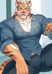 Rule 34 | 1boy, animal ears, ao (chung0u0), bara, beige fur, blue eyes, blue shirt, bulge, feet out of frame, furry, furry male, highres, large pectorals, light brown hair, lin hu (nekojishi), looking at viewer, male focus, muscular, muscular male, nekojishi, orange fur, paid reward available, pants, partially unbuttoned, pectoral cleavage, pectorals, paid reward available, shirt, short hair, solo, thick thighs, thighs, tiger boy, tiger ears, tiger stripes, tight clothes, tight pants