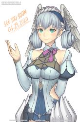 Rule 34 | 1girl, blue eyes, braid, breasts, crown braid, gofelem, head wings, juliet sleeves, long sleeves, looking at viewer, medium breasts, melia antiqua, nintendo, puffy sleeves, silver hair, simple background, smile, solo, white background, wings, xenoblade chronicles: future connected, xenoblade chronicles (series), xenoblade chronicles 1