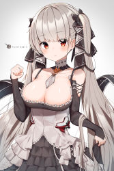 Rule 34 | 1girl, absurdres, azur lane, bad id, bad pixiv id, black dress, blush, bow, breasts, character name, cleavage, collarbone, detached collar, dress, earrings, formidable (azur lane), grey hair, hair bow, hand up, highres, jewelry, large breasts, long hair, long sleeves, looking at viewer, parted lips, red eyes, solo, turret, twintails, upper body, very long hair, w.k