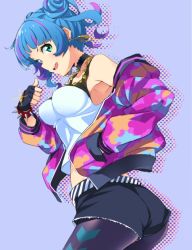 Rule 34 | 1girl, :d, ass, blue hair, bracelet, breasts, diagonal stripes, double bun, earrings, fingerless gloves, from side, gloves, hand in pocket, jewelry, jpeg artifacts, mirai denki, multicolored clothes, multicolored hair, nanasaki nicole, open mouth, pantyhose, pantyhose under shorts, purple background, shorts, sideways mouth, smile, solo, spiked bracelet, spikes, streaked hair, striped, tank top, tokyo 7th sisters
