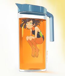 Rule 34 | 1girl, :t, air bubble, barefoot, barley tea, blush, breasts, bubble, competition swimsuit, dated, feet, green eyes, highres, holding breath, in container, kusakabe (kusakabeworks), mini person, minigirl, misskey.io, misskey.io username, one-piece swimsuit, pitcher (container), simple background, small breasts, solo, submerged, swimsuit, syuilo (misskey.io), tea, toes, underwater, white background, wide-eyed
