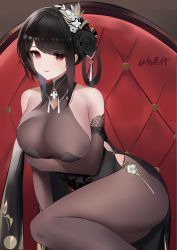 Rule 34 | 1girl, absurdres, arm under breasts, azur lane, bare shoulders, black dress, black flower, black legwear, black rose, bodystocking, breasts, brown gloves, chen hai (azur lane), chen hai (vestibule of wonders) (azur lane), china dress, chinese clothes, dress, elbow gloves, feet out of frame, flower, gloves, highres, kuaile hei zi, lace, lace-trimmed gloves, lace trim, large breasts, long hair, looking at viewer, official alternate costume, pelvic curtain, rose, sitting, sleeveless, sleeveless dress, solo, taut clothes, taut dress, thighs