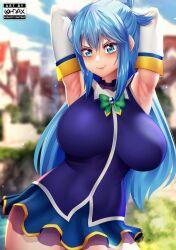Rule 34 | 1girl, aqua (konosuba), armpits, arms behind head, arms up, artist logo, artist name, blue dress, blue eyes, blue hair, bow, breasts, closed mouth, dress, elbow gloves, feet out of frame, female focus, gloves, green bow, highres, huge breasts, kono subarashii sekai ni shukufuku wo!, large breasts, lips, long hair, looking at viewer, bowtie, ohdax, outdoors, paid reward available, sidelocks, smile, standing, thighs, upper body, white gloves