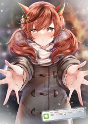 Rule 34 | 1girl, animal ears, blurry, blurry background, blush, brown eyes, coat, commentary request, dating, heavy breathing, highres, horse ears, horse girl, incoming hug, kaku yone, medium hair, nice nature (umamusume), red hair, scarf, snowing, solo, umamusume, winter, winter clothes, winter coat