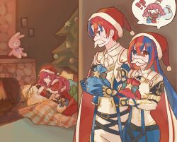 Rule 34 | !?, 1boy, 2girls, absurdres, alear (female) (fire emblem), alear (fire emblem), alear (male) (fire emblem), blue eyes, blue gloves, blue hair, brown gloves, cape, capelet, chibi, christmas, christmas tree, closed eyes, commentary request, dress, fake facial hair, fake mustache, fire emblem, fire emblem engage, fire emblem heroes, fur-trimmed capelet, fur-trimmed headwear, fur-trimmed sleeves, fur trim, gift, gloves, hair between eyes, hair ornament, hat, heterochromia, highres, holding, holding gift, indoors, long hair, long sleeves, lying, multicolored hair, multiple girls, netugen33, nintendo, official alternate costume, red cape, red capelet, red dress, red eyes, red hair, red headwear, sack, santa costume, santa hat, short hair, split-color hair, star (symbol), star hair ornament, stuffed animal, stuffed toy, sweatdrop, thought bubble, two-tone cape, two-tone hair, very long hair, white cape, yunaka (fire emblem), yunaka (fire emblem) (spirited envoy)