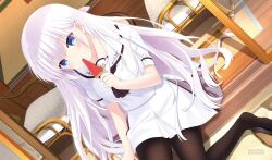 Rule 34 | 1girl, arm at side, black pantyhose, blue eyes, blush, circle name, comiket 102, commentary request, dutch angle, eating, eyes visible through hair, food, hair between eyes, hair ornament, hairclip, hand up, head tilt, highres, holding, holding food, holding ice cream, ice cream, indoors, long hair, looking at viewer, miniskirt, naruse shiroha, no shoes, otou (otou san), pantyhose, popsicle, puffy short sleeves, puffy sleeves, sailor collar, sandals, unworn sandals, school uniform, second-party source, shirt, short sleeves, sitting, skirt, solo, spiked hair, summer, summer pockets, very long hair, watermelon bar, white hair, white sailor collar, white shirt, white skirt