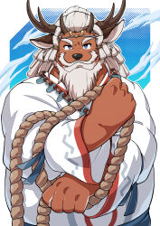 Rule 34 | 1boy, absurdres, animal ears, antlers, bara, blue eyes, commentary request, crave saga, deer antlers, deer boy, deer ears, fat, fat man, furry, furry male, highres, holding, holding rope, horns, japanese clothes, jewelry, karasuki, looking at viewer, male focus, necklace, rope, shimenawa, white hair, yatsukamizu (crave saga)