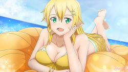 Rule 34 | :d, barefoot, bikini, blonde hair, blue sky, braid, breast press, breasts, cleavage, collarbone, day, dutch angle, front-tie bikini top, front-tie top, grey eyes, hair between eyes, hair ornament, halterneck, highres, large breasts, leafa, lens flare, long hair, lying, mysteryctu, nail polish, ocean, on stomach, open mouth, outdoors, pointy ears, signature, sky, smile, soles, solo, sparkle, swimsuit, sword art online, the pose, toenail polish, toenails, twin braids, very long hair, x hair ornament, yellow bikini, yellow nails