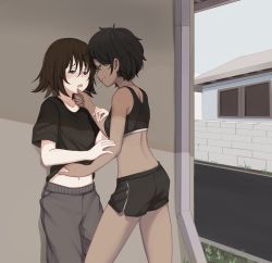 Rule 34 | 2girls, black hair, black shirt, black shorts, black tank top, blouse, blush, brown eyes, brown hair, commentary, dark-skinned female, dark skin, english commentary, eye contact, freckles, grey pants, hand on another&#039;s chin, hand on another&#039;s stomach, hiwonoafu, looking at another, midriff, multiple girls, navel, open mouth, original, pants, saliva, saliva trail, shirt, short hair, short shorts, short sleeves, shorts, smile, tank top, tomboy, yuri