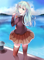 Rule 34 | 10s, 1girl, aqua hair, back, blazer, blue sky, blush, breasts, brown skirt, brown thighhighs, cloud, day, frills, from behind, green eyes, hair ornament, hairclip, hand on own stomach, highres, island, jacket, kantai collection, long hair, long sleeves, looking at viewer, looking back, mountain, ocean, open mouth, outdoors, pleated skirt, school uniform, shipyard, skirt, sky, solo, standing, suzuya (kancolle), thighhighs, tongtongtong, water