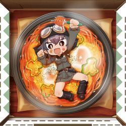 Rule 34 | 1girl, anzio military uniform, arm up, belt, black footwear, black hair, black headwear, black shirt, boots, bowl, braid, bright pupils, brown eyes, chaki (teasets), chibi, clenched hand, dress shirt, fang, food, food on face, fork, from above, girls und panzer, goggles, goggles on headwear, grey jacket, grey skirt, hair bobbles, hair ornament, helmet, holding, holding fork, in food, jacket, knife, long sleeves, looking at viewer, lying, military, military uniform, mini person, minigirl, miniskirt, on back, open mouth, pasta, pencil skirt, pepperoni (girls und panzer), shirt, short hair, side braid, skin fang, skirt, smile, solo, steam, uniform, white pupils
