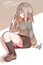 Rule 34 | 1girl, absurdres, black skirt, black socks, blue eyes, blush, brown footwear, closed mouth, commentary, dress shirt, full body, girls und panzer, girls und panzer phase erika, grey shirt, hand in own hair, highres, holding, invisible chair, itsumi erika, kuromorimine school uniform, light blush, light frown, loafers, long hair, long sleeves, miluke, miniskirt, pleated skirt, school uniform, scissors, shadow, shirt, shoes, silver hair, sitting, skirt, socks, solo, translated