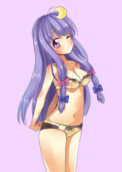 Rule 34 | 1girl, aiba kou, arms behind back, blush, bow, bra, breasts, cleavage, crescent, crescent hair ornament, female focus, hair bow, hair ornament, long hair, navel, one eye closed, panties, patchouli knowledge, purple background, purple eyes, purple hair, simple background, sketch, solo, touhou, underwear, underwear only, wink, yellow bra, yellow panties