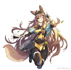 Rule 34 | 1girl, ;d, absurdres, alternate costume, ammunition belt, animal ears, arknights, black gloves, black pantyhose, brown hair, ceobe (arknights), clenched teeth, dog ears, dog girl, dog tail, fingerless gloves, gloves, goggles, goggles on head, grin, guntong sheng bo na, highres, long hair, looking at viewer, one eye closed, open mouth, pantyhose, red eyes, shirt, simple background, smile, solo, tail, teeth, v, very long hair, weibo logo, weibo watermark, white background, yellow shirt