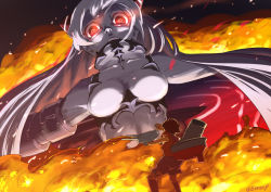 Rule 34 | 10s, 2girls, abyssal ship, airfield princess, back, exocet, fire, fire, giant, giantess, glowing, glowing eye, horns, kantai collection, long hair, machinery, mogami (kancolle), multiple girls, open mouth, pale skin, red eyes, shimakaze (kancolle), short hair, smoke, white hair