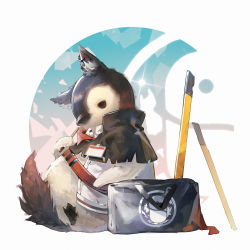 Rule 34 | animal ear fluff, animal ears, animalization, arknights, bag, bird, black capelet, capelet, chinese commentary, commentary, dadijiji, duffel bag, earrings, full body, highres, holding, jacket, jewelry, name tag, no humans, open clothes, open jacket, penguin, penguin logistics logo, simple background, sitting, solo, sword, tail, texas (arknights), weapon, white jacket, wolf ears, wolf tail