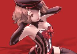 Rule 34 | 1girl, arms on head, black collar, black corset, black hat, black thighhighs, bow, bowtie, breasts, brown eyes, brown hair, collar, corset, detached collar, hat, highres, medium breasts, official alternate costume, okumura haru, parted lips, peaked cap, persona, persona 5, persona 5: dancing star night, persona dancing, red background, red bow, red bowtie, shirt, sitting, solo, ssssantn, strapless, strapless shirt, thighhighs, two-tone corset, vertical-striped corset, white corset