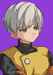 1boy absurdres black_shirt brown_gloves closed_mouth commentary_request crossed_arms dragon_quest dragon_quest_iii gloves highres long_sleeves looking_to_the_side male_focus purple_background shirt short_hair signature solo thief_(dq3) upper_body vest white_hair yellow_eyes yellow_vest yoshiya_shiyoko